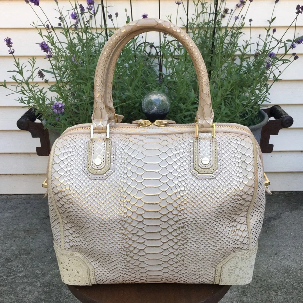Alice + Olivia Cream and Gold Snake-Embossed Satchel